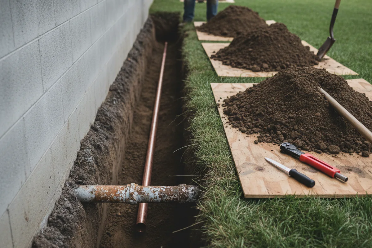 Excavated water line trench during Sewer Line Repair in Brandenburg